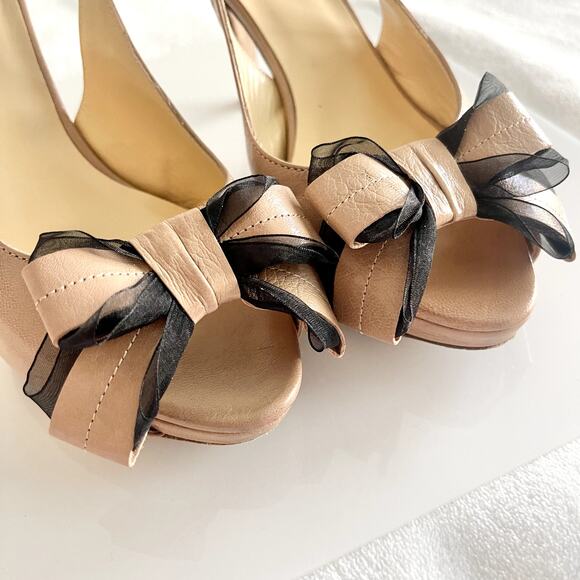 Kate Spade Billow Bow Heels Sz 6-1/2 Beige Nude Slingback Peep Toe Sandals Shoes - Picture 3 of 9